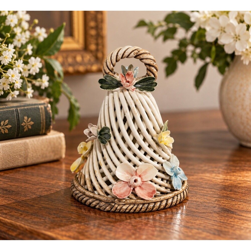 Vintage Capodimonte Italy Porcelain Bell Woven Basket Floral Applied Flowers